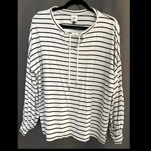 Cabi black and white striped long sleeved blouse